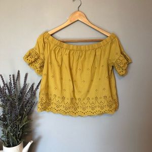 Yellow off the shoulder eyelet top.